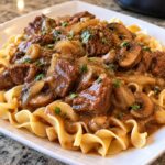 Crockpot Homestyle Smothered Beef Tips served