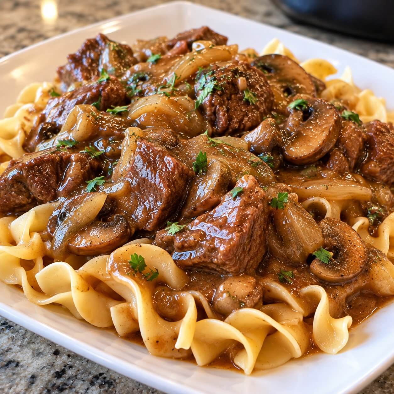 Crockpot Homestyle Smothered Beef Tips served