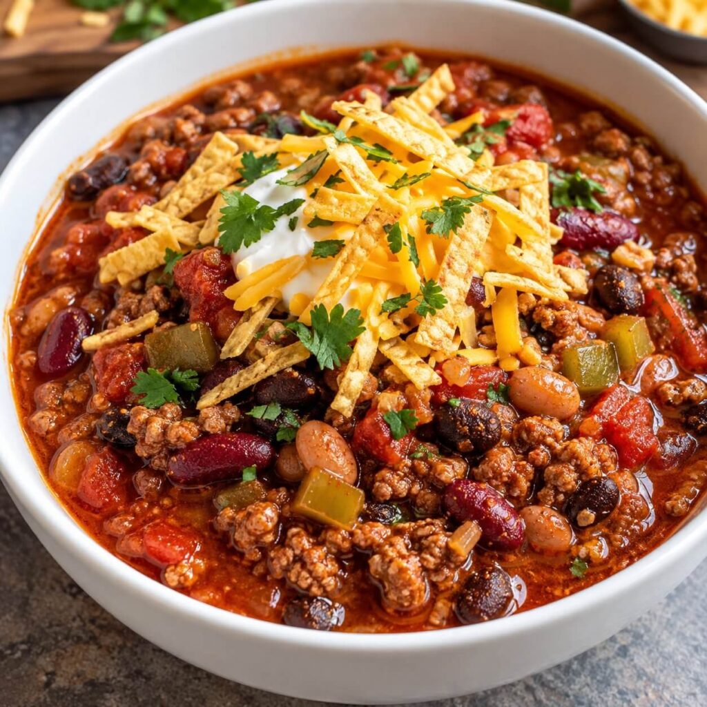 Easy Dump-and-Go Ground Beef and Bean Chili serving