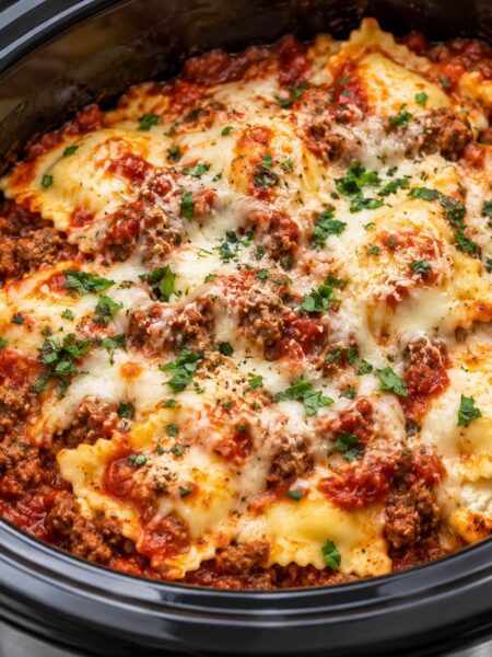 Layered Crockpot Beef and Ricotta Ravioli