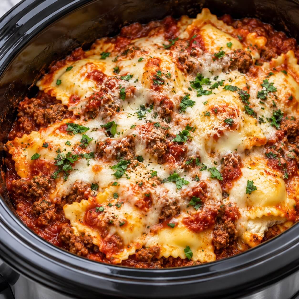 Layered Crockpot Beef and Ricotta Ravioli