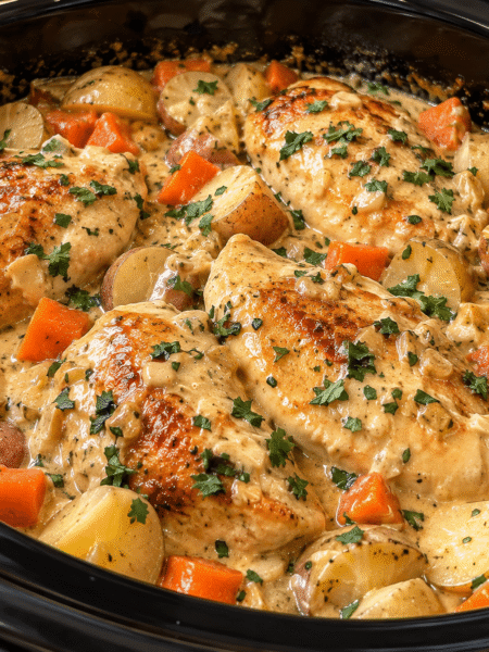 Slow Cooker Creamy Garlic Chicken Dinner