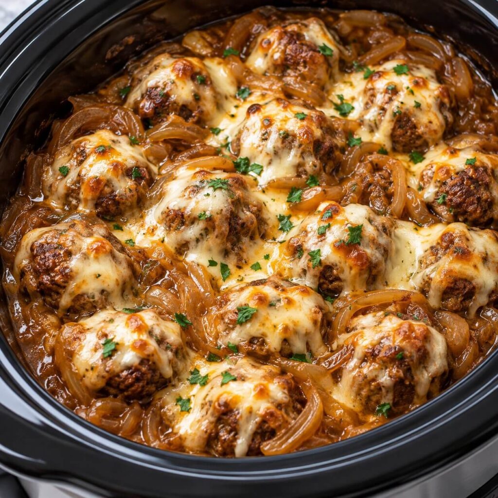 Slow Cooker Smothered French Onion Beef Meatballs