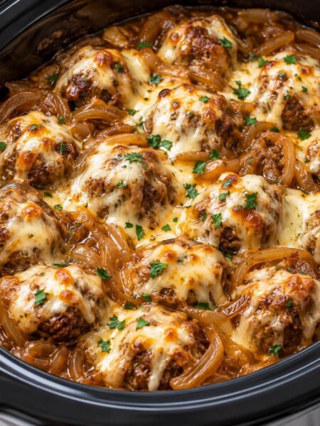 Slow Cooker Smothered French Onion Beef Meatballs