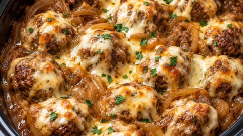 Slow Cooker Smothered French Onion Beef Meatballs