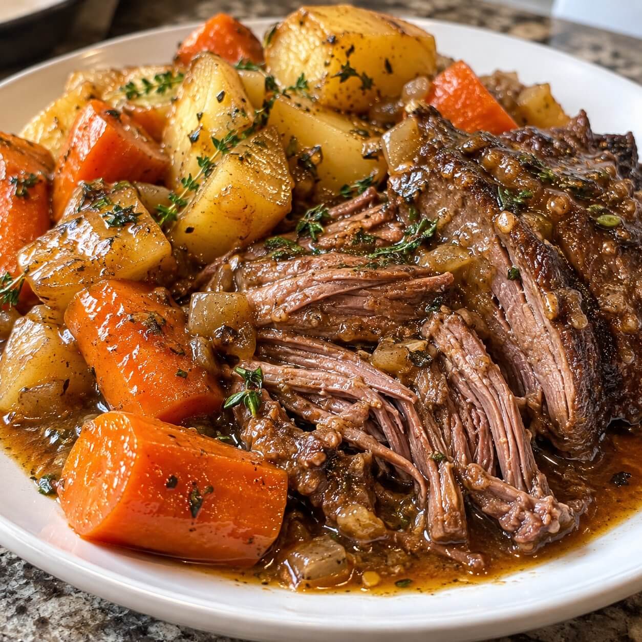 Slow Cooker Tender Garlic Herb Roast Beef serving
