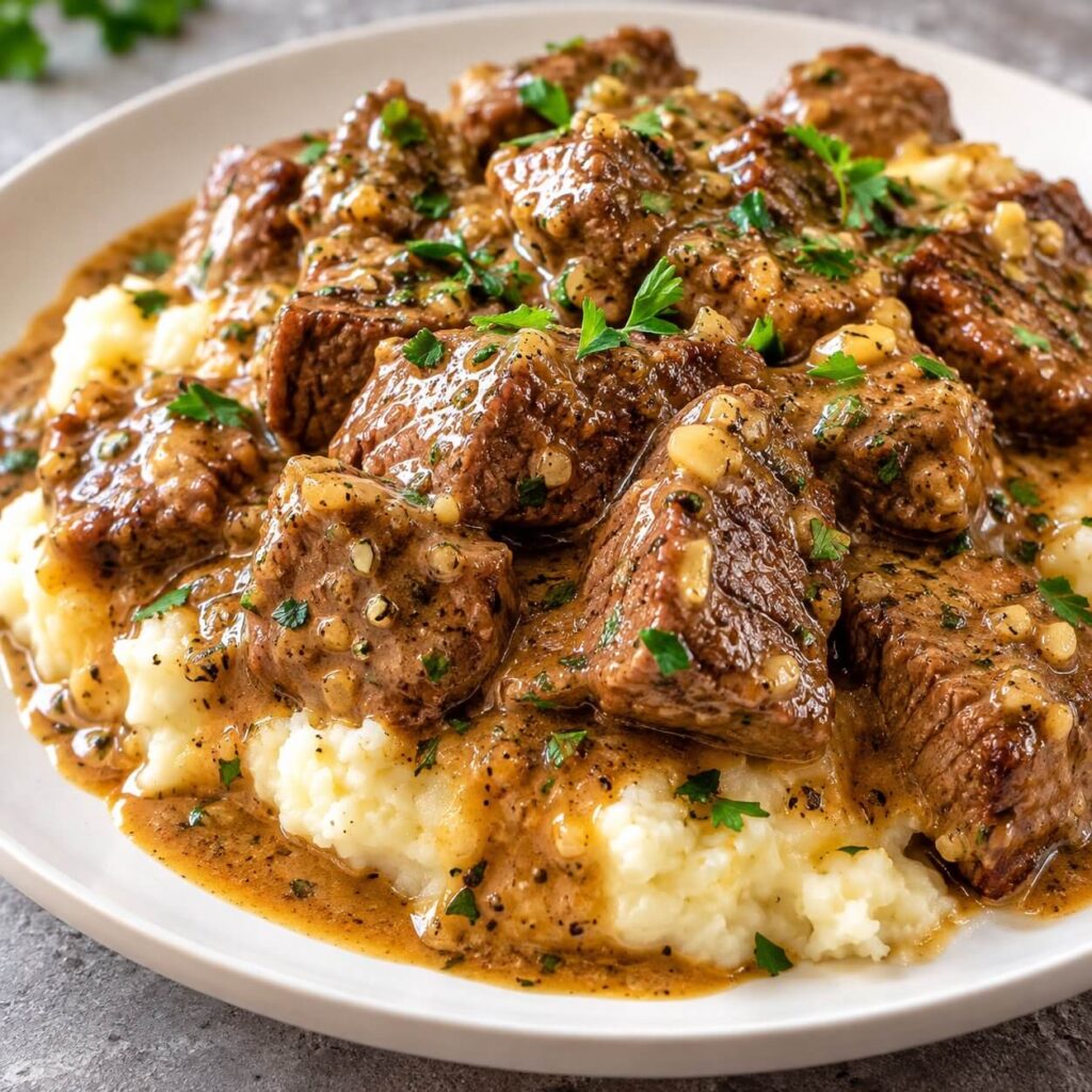 Dump-and-Go Garlic Butter Beef Tips Serving